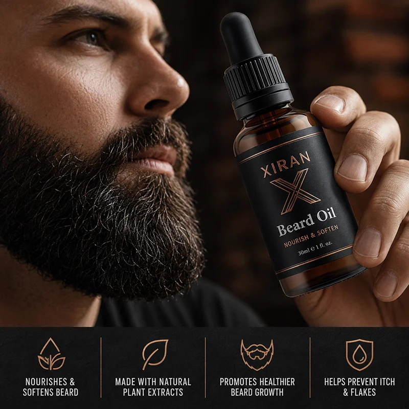 Close-up of a man with a full beard holding a bottle of Xiran beard oil, highlighting benefits like nourishment, softness, and itch prevention.